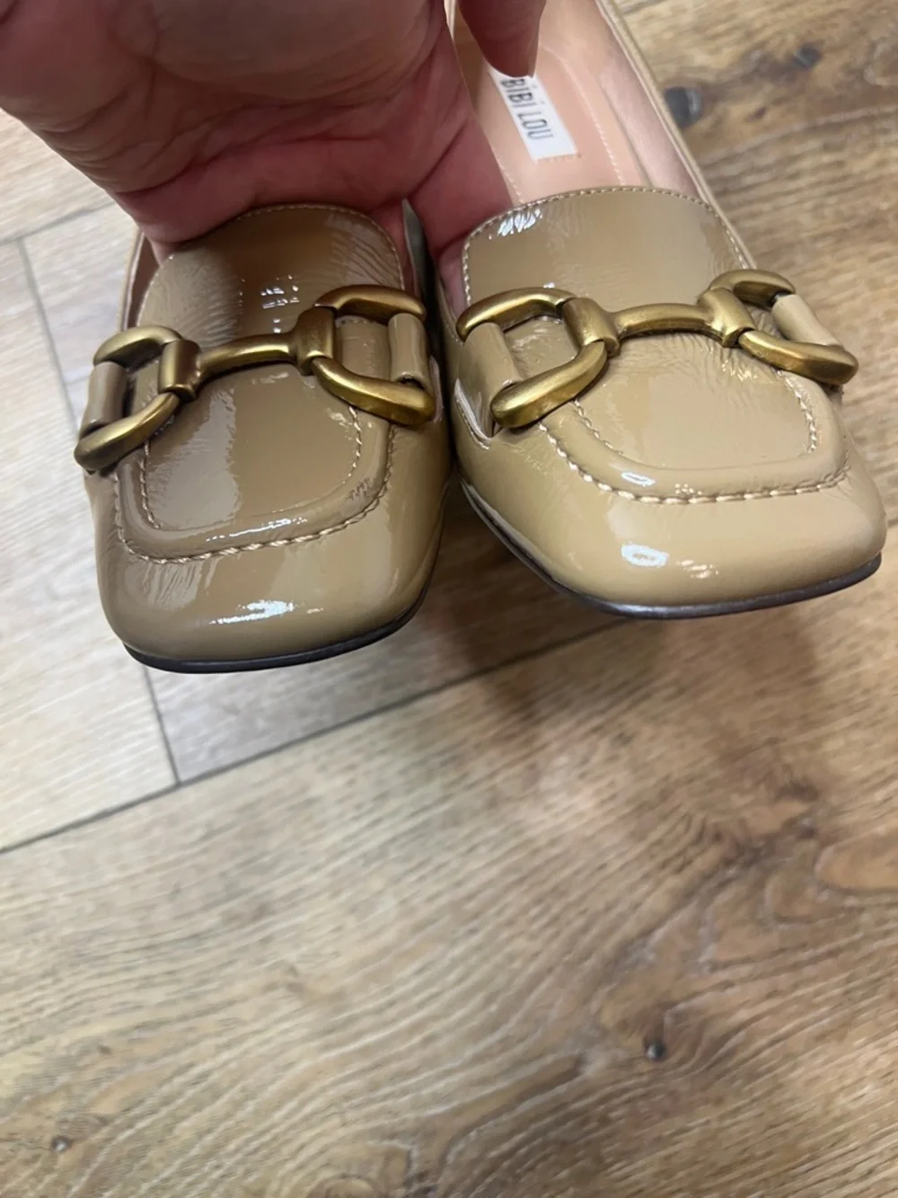 Anthro Bibi Lou Zagreb Light Brown Patent Leather Loafer w/Wood Stacked Heel 7US